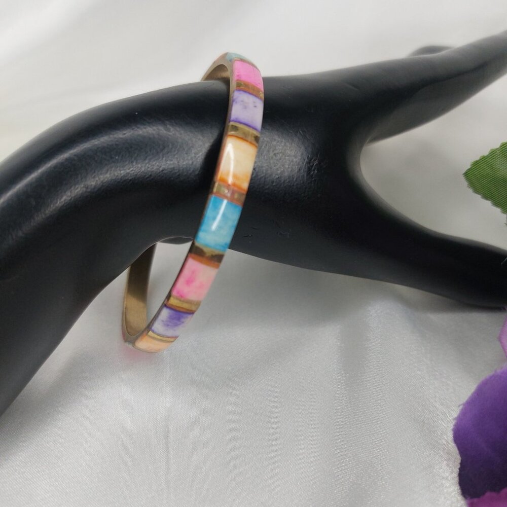 Multicolor Pastel Bangle Bracelet Brass Stone Vintage 80's Sz 7 Pink Purple Blue